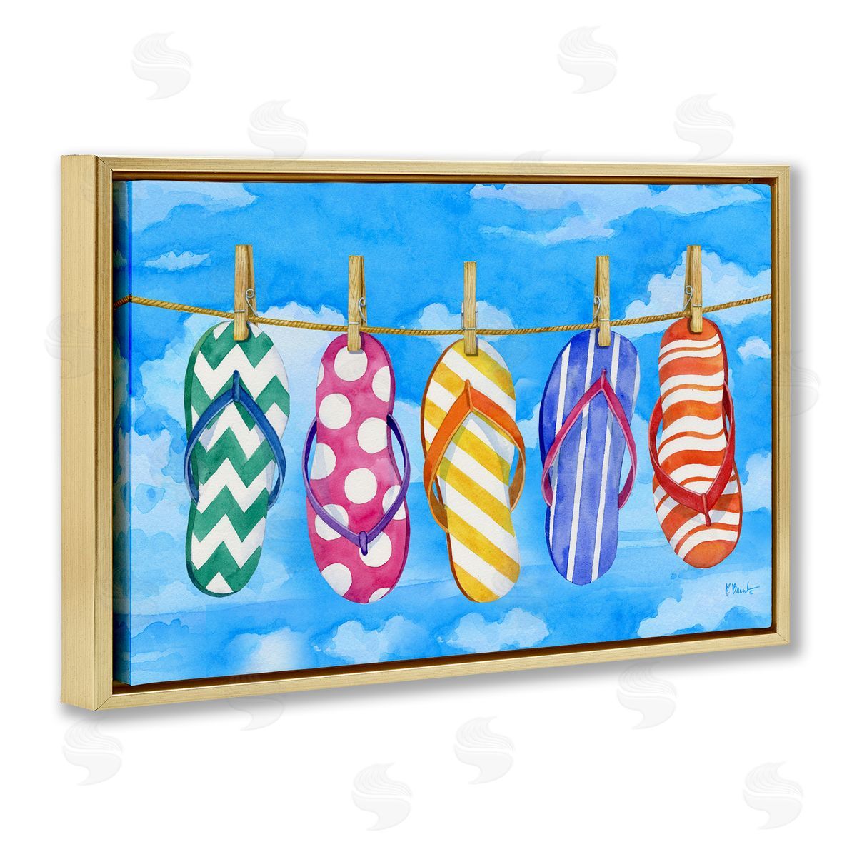 Flip Flops on Clothesline Gold Floating Frame Canvas Wall Art, Home Decor by Paul Brent