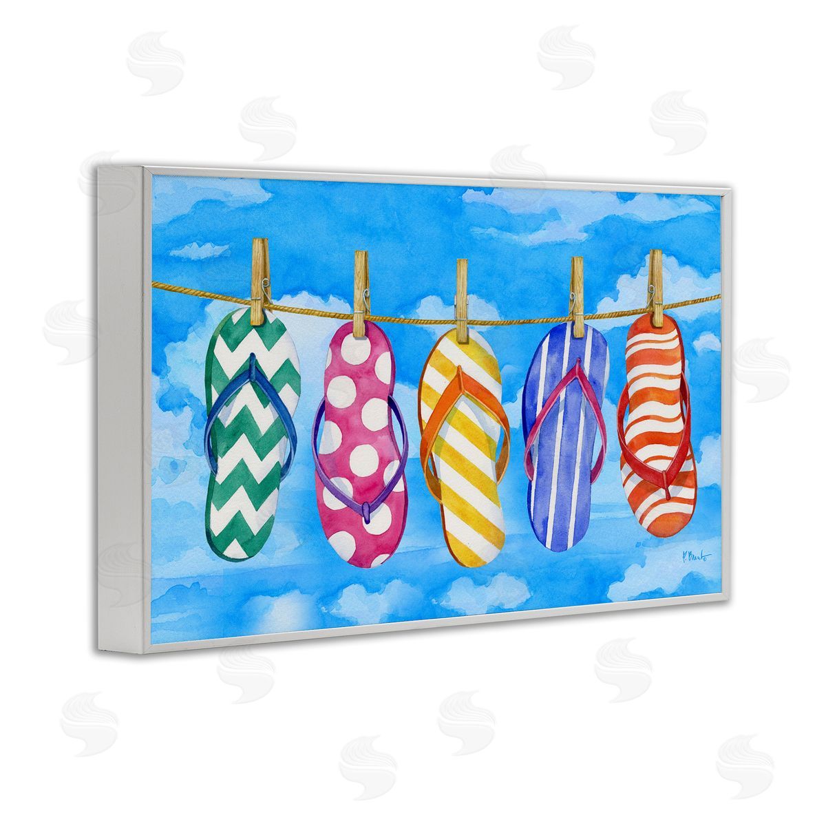 Flip Flops on Clothesline White Frame Print Wall Art, Home Decor by Paul Brent