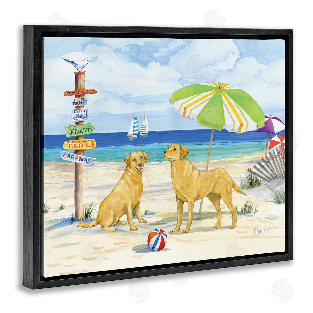 Dog Beach Day Black Floating Frame Canvas Wall Art, Home Decor by Paul Brent