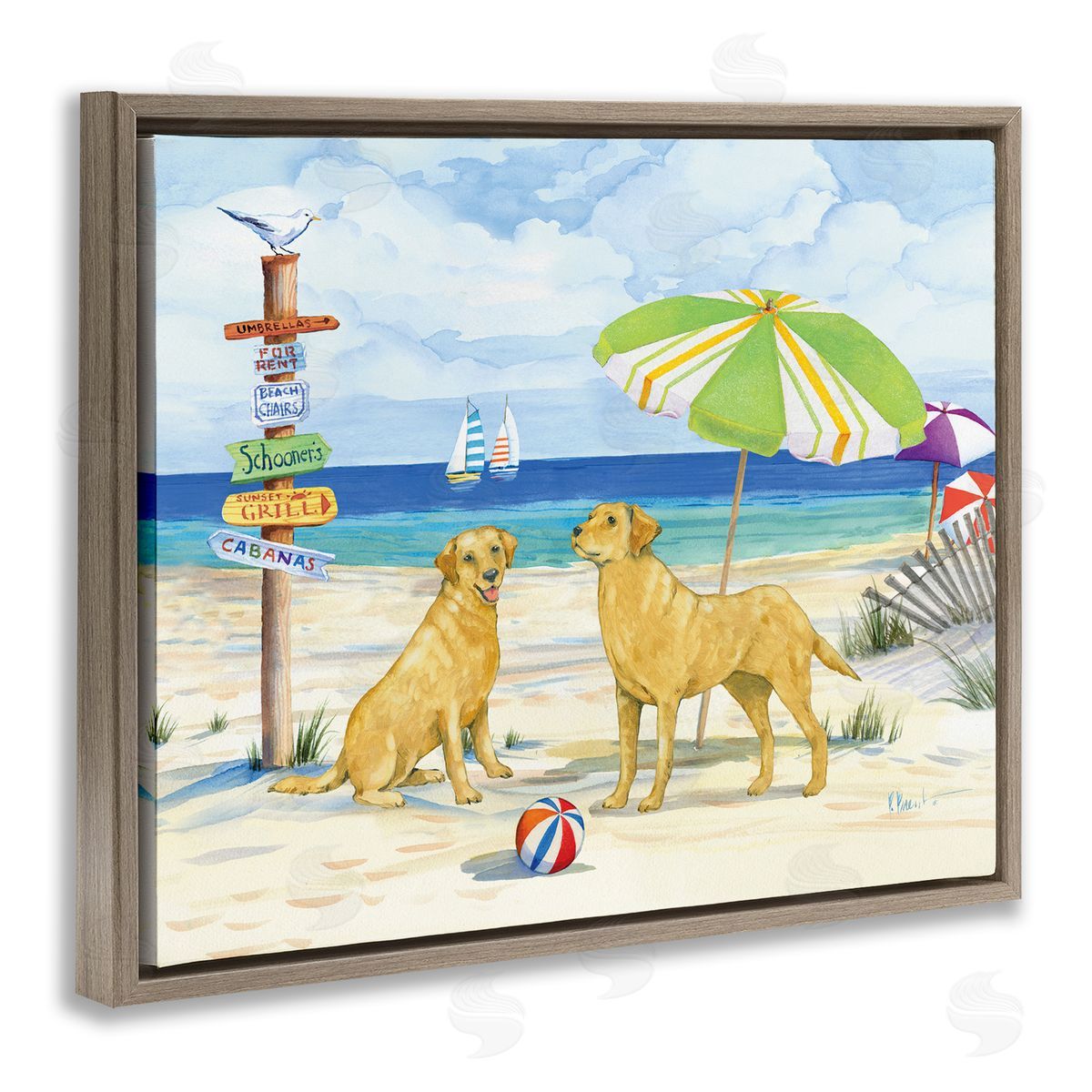 Dog Beach Day Brown Floating Frame Canvas Wall Art, Home Decor by Paul Brent