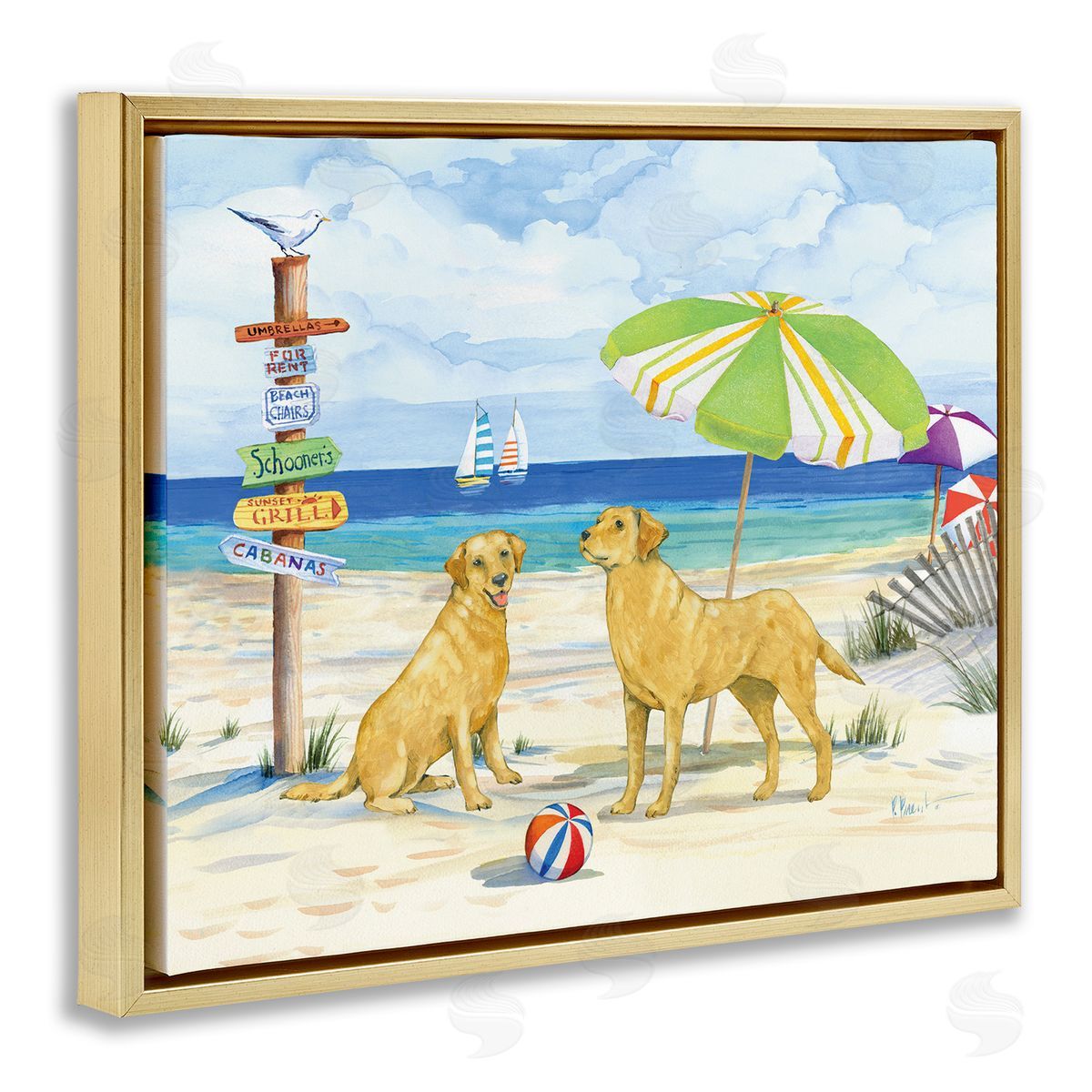 Dog Beach Day Gold Floating Frame Canvas Wall Art, Home Decor by Paul Brent