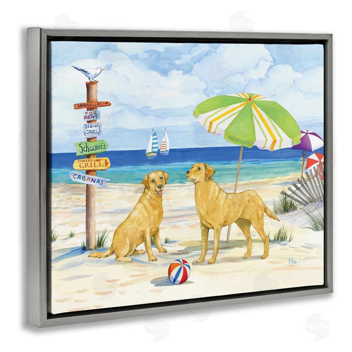 Dog Beach Day Grey Floating Frame Canvas Wall Art, Home Decor by Paul Brent
