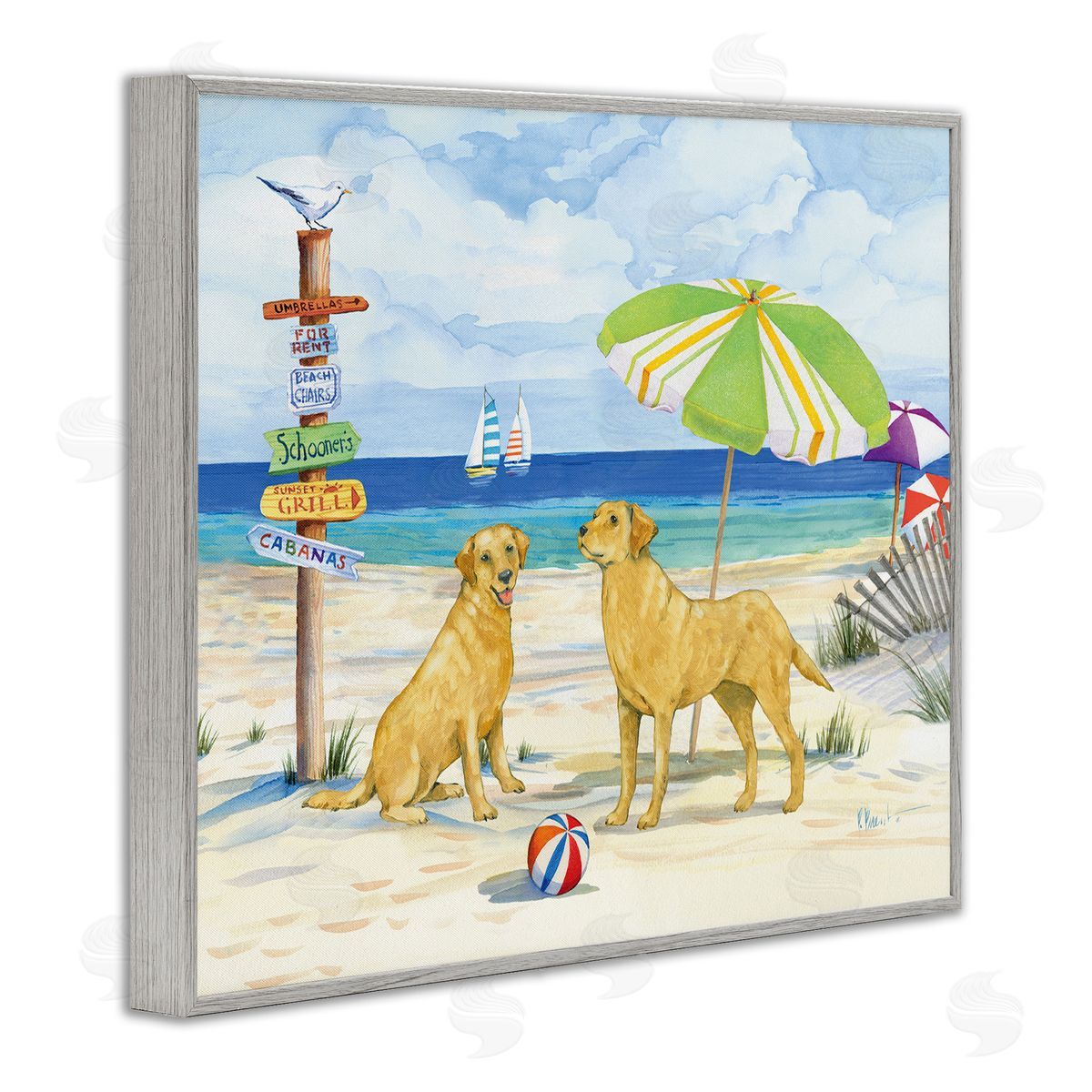 Dog Beach Day Grey Frame Print Wall Art, Home Decor by Paul Brent