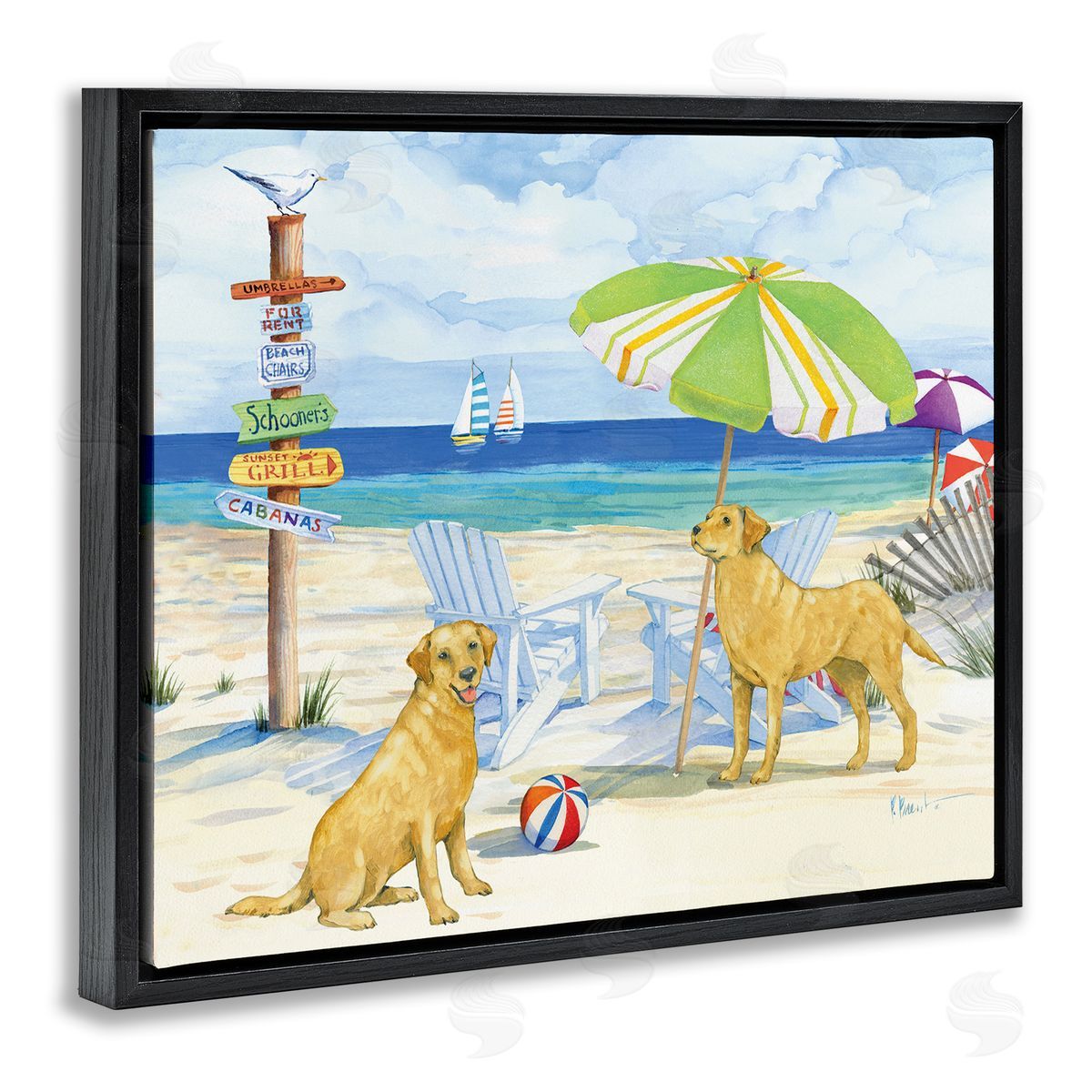 Retriever Dogs at Beach Black Floating Frame Canvas Wall Art, Home Decor by Paul Brent