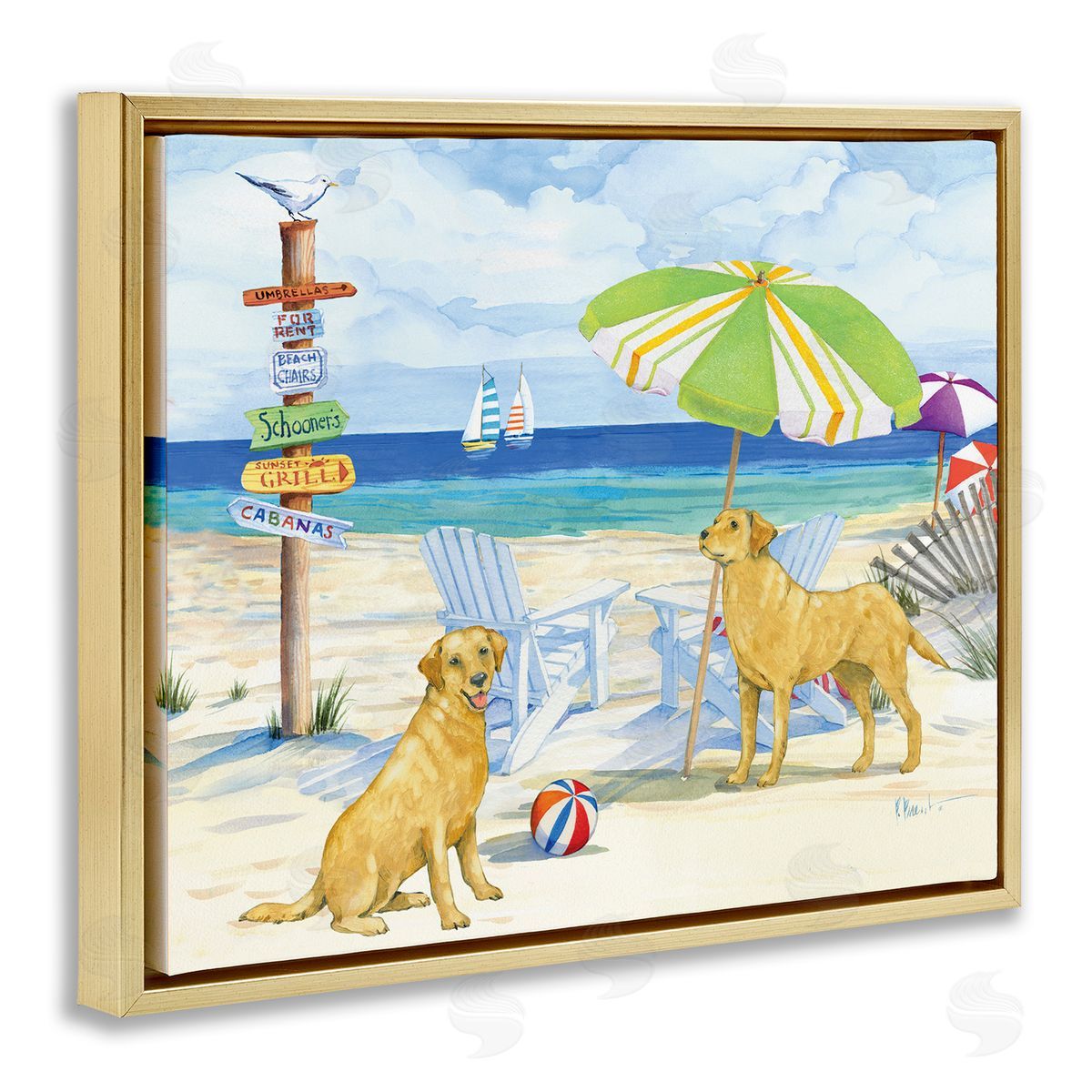 Retriever Dogs at Beach Gold Floating Frame Canvas Wall Art, Home Decor by Paul Brent