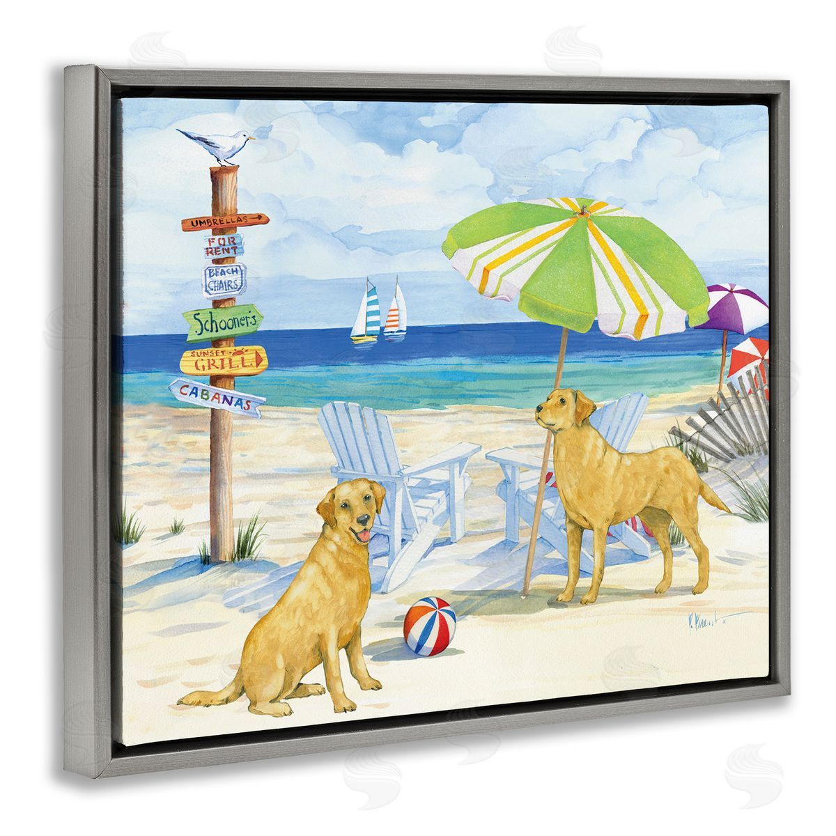 Retriever Dogs at Beach Grey Floating Frame Canvas Wall Art, Home Decor by Paul Brent