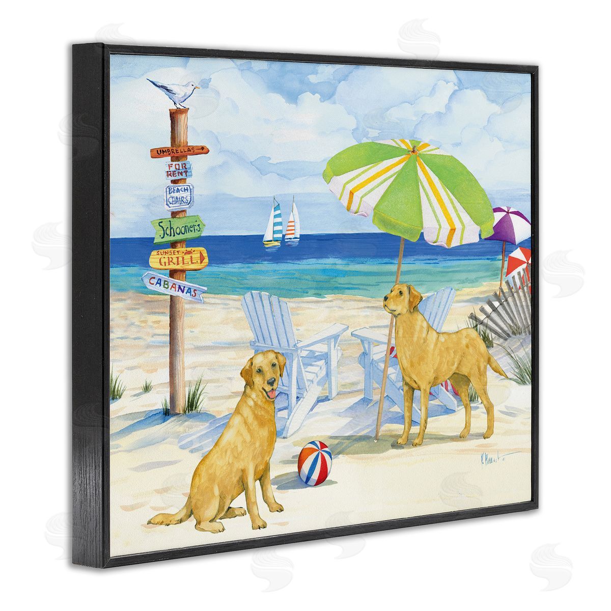 Retriever Dogs at Beach Black Frame Print Wall Art, Home Decor by Paul Brent