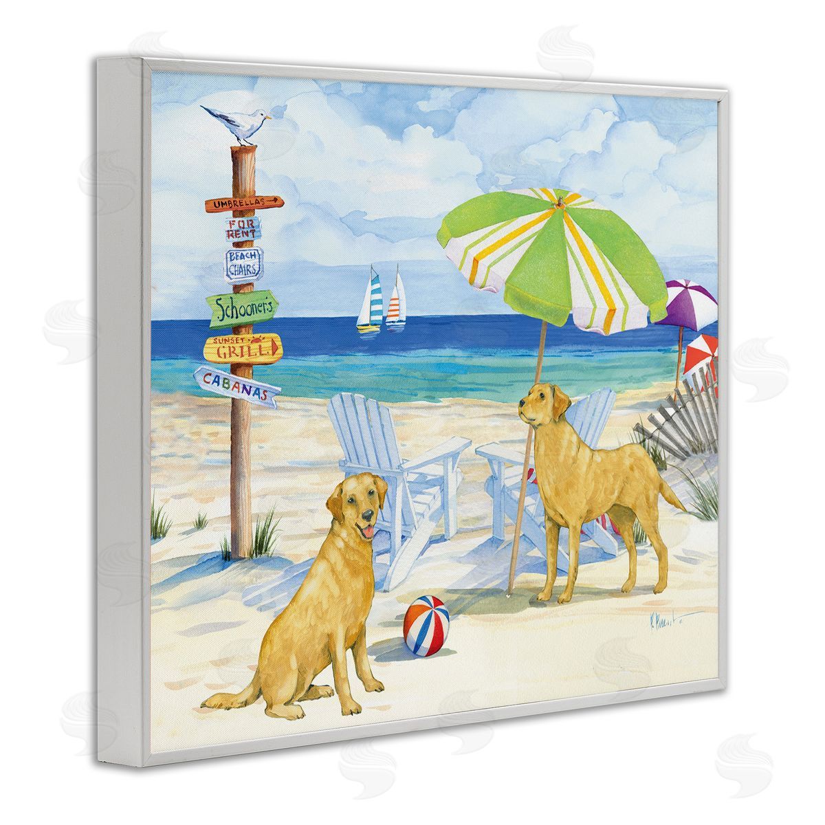 Retriever Dogs at Beach White Frame Print Wall Art, Home Decor by Paul Brent