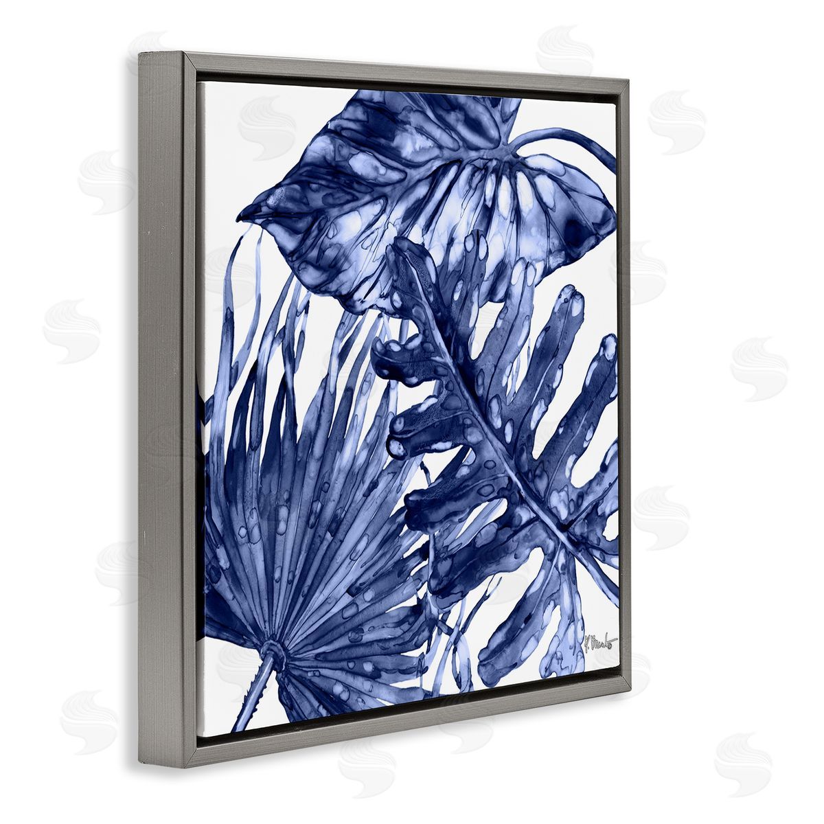 Hued Palm Fronds Grey Floating Frame Canvas Wall Art, Home Decor by Paul Brent