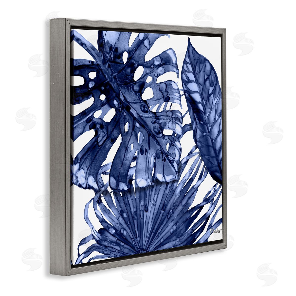 Blue Hued Palms Grey Floating Frame Canvas Wall Art, Home Decor by Paul Brent