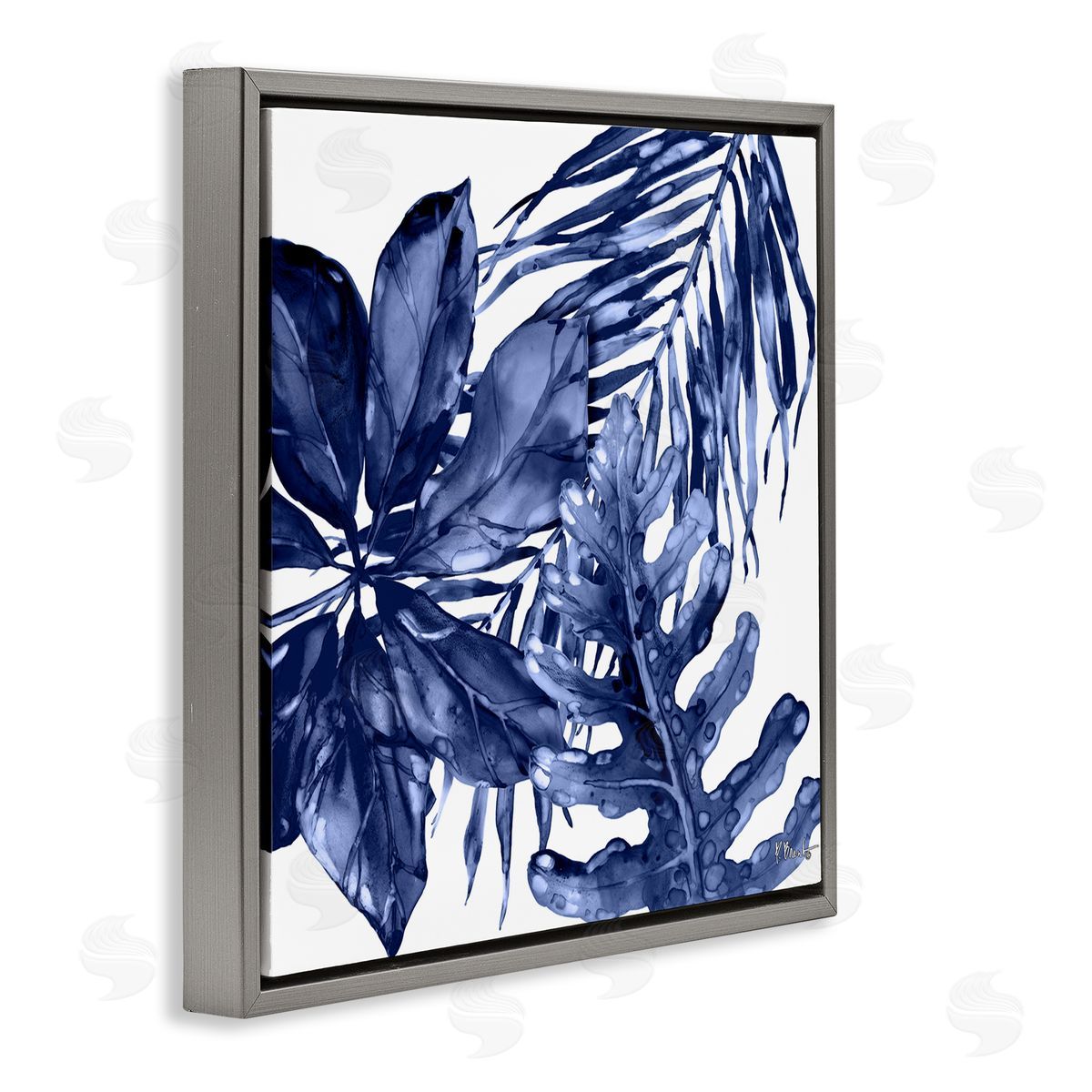 Blue Hued Plant Leaves Grey Floating Frame Canvas Wall Art, Home Decor by Paul Brent