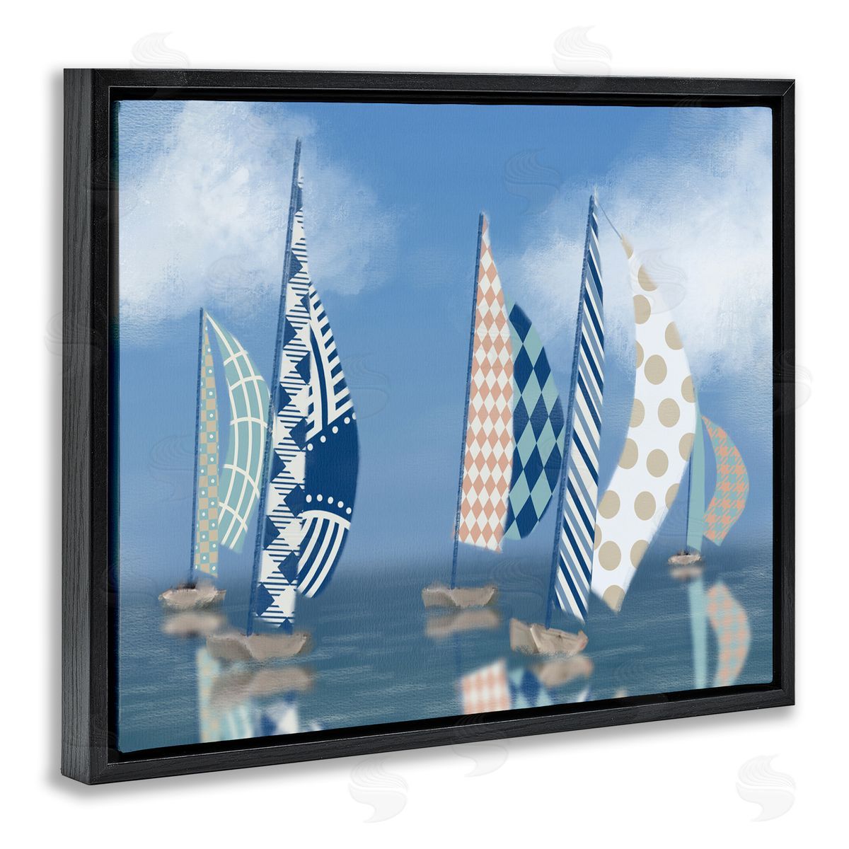 Patchwork Coastal Sailboats Black Floating Frame Canvas Wall Art, Home Decor by Matthew Piotrowicz