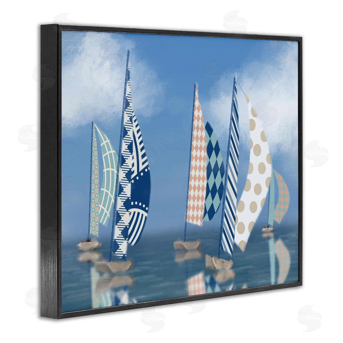 Patchwork Coastal Sailboats Black Frame Print Wall Art, Home Decor by Matthew Piotrowicz