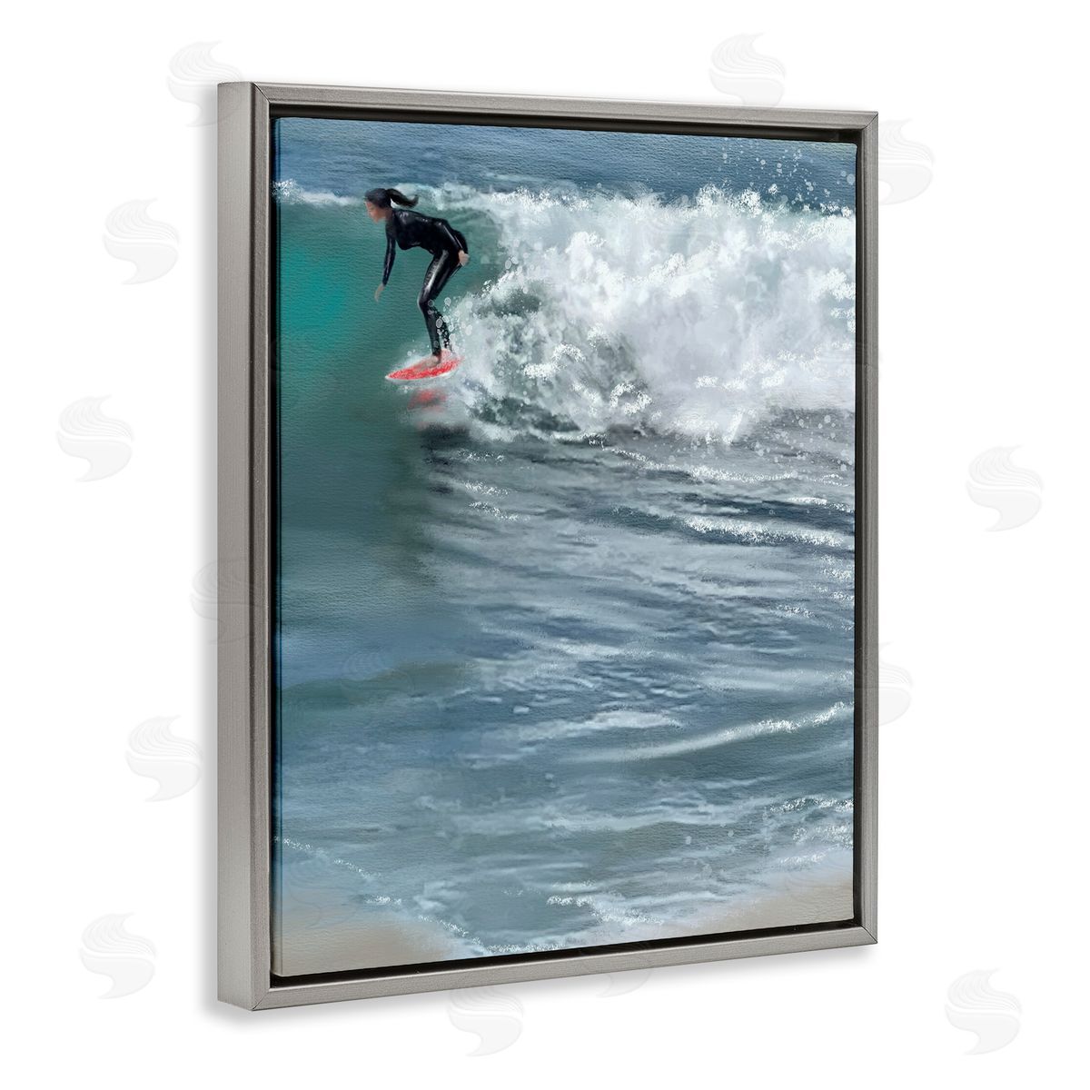 Cali Surfer Girl Grey Floating Frame Canvas Wall Art, Home Decor by Matthew Piotrowicz