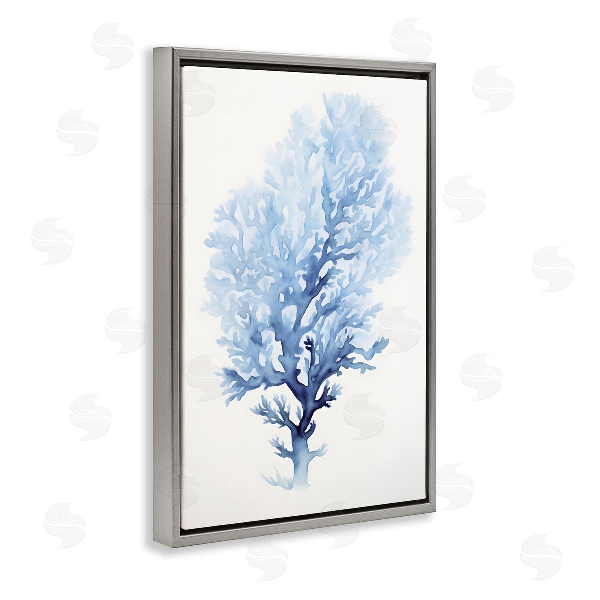 Blue Coral Impression Grey Floating Frame Canvas Wall Art, Home Decor by Petal Prints Design