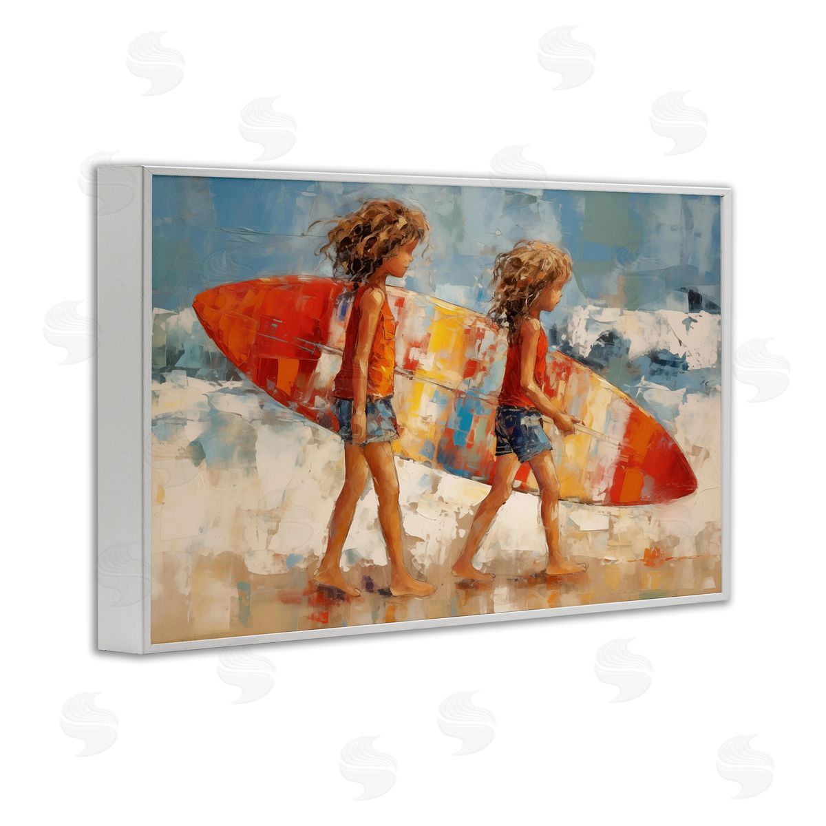 Kids with Surfboard White Frame Print Wall Art, Home Decor by Petal Prints Design