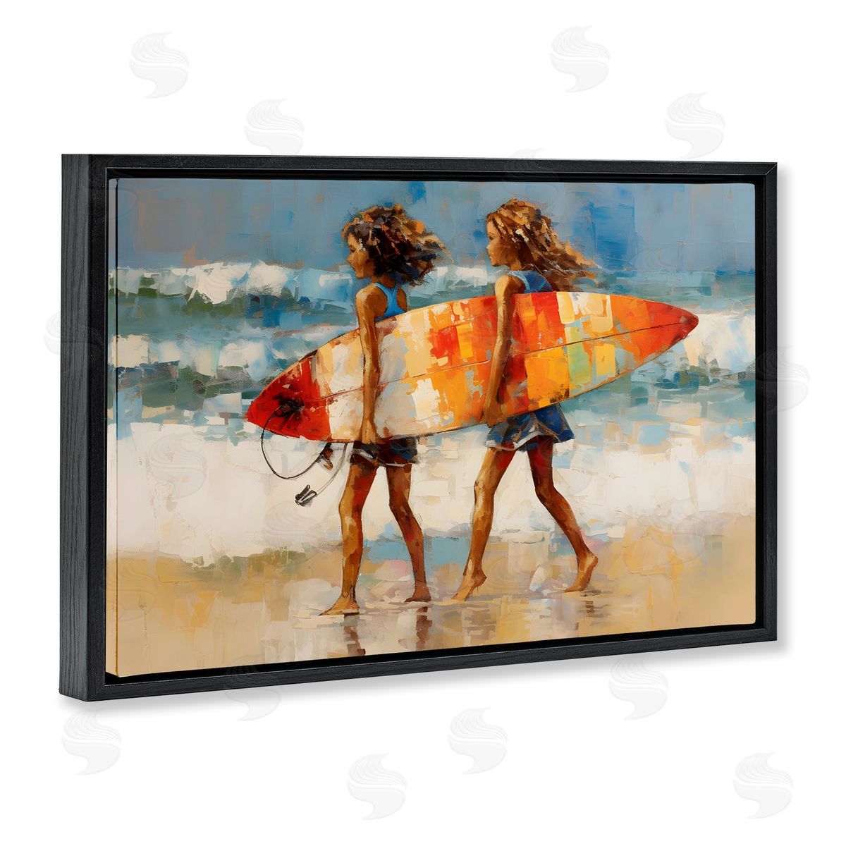Surfboard Kids Friends Black Floating Frame Canvas Wall Art, Home Decor by Petal Prints Design