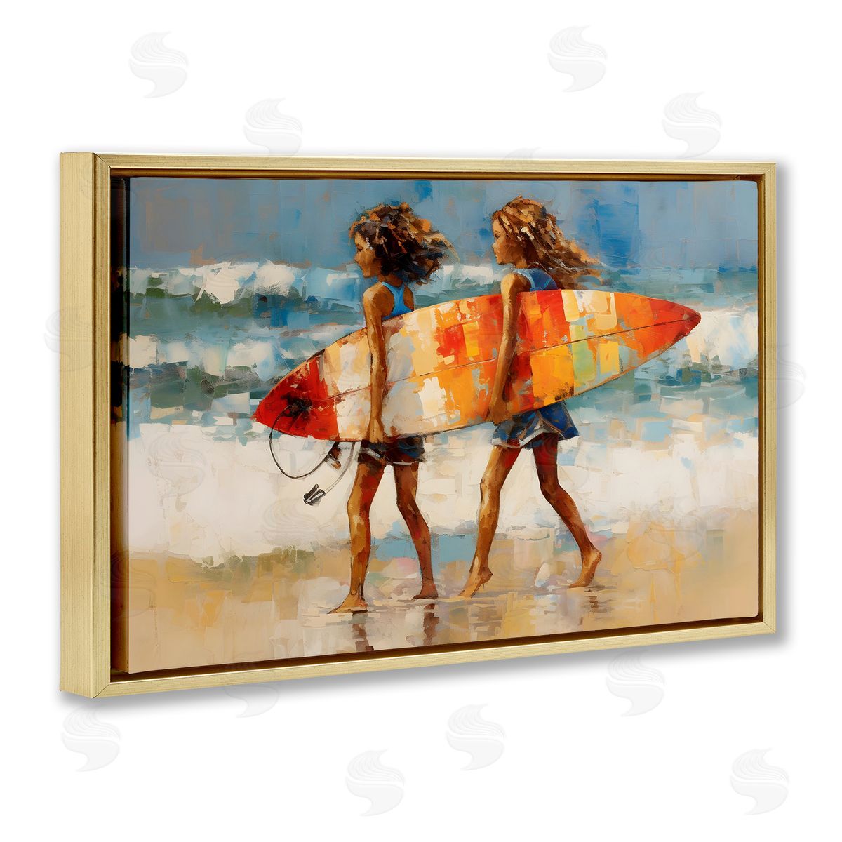 Surfboard Kids Friends Gold Floating Frame Canvas Wall Art, Home Decor by Petal Prints Design