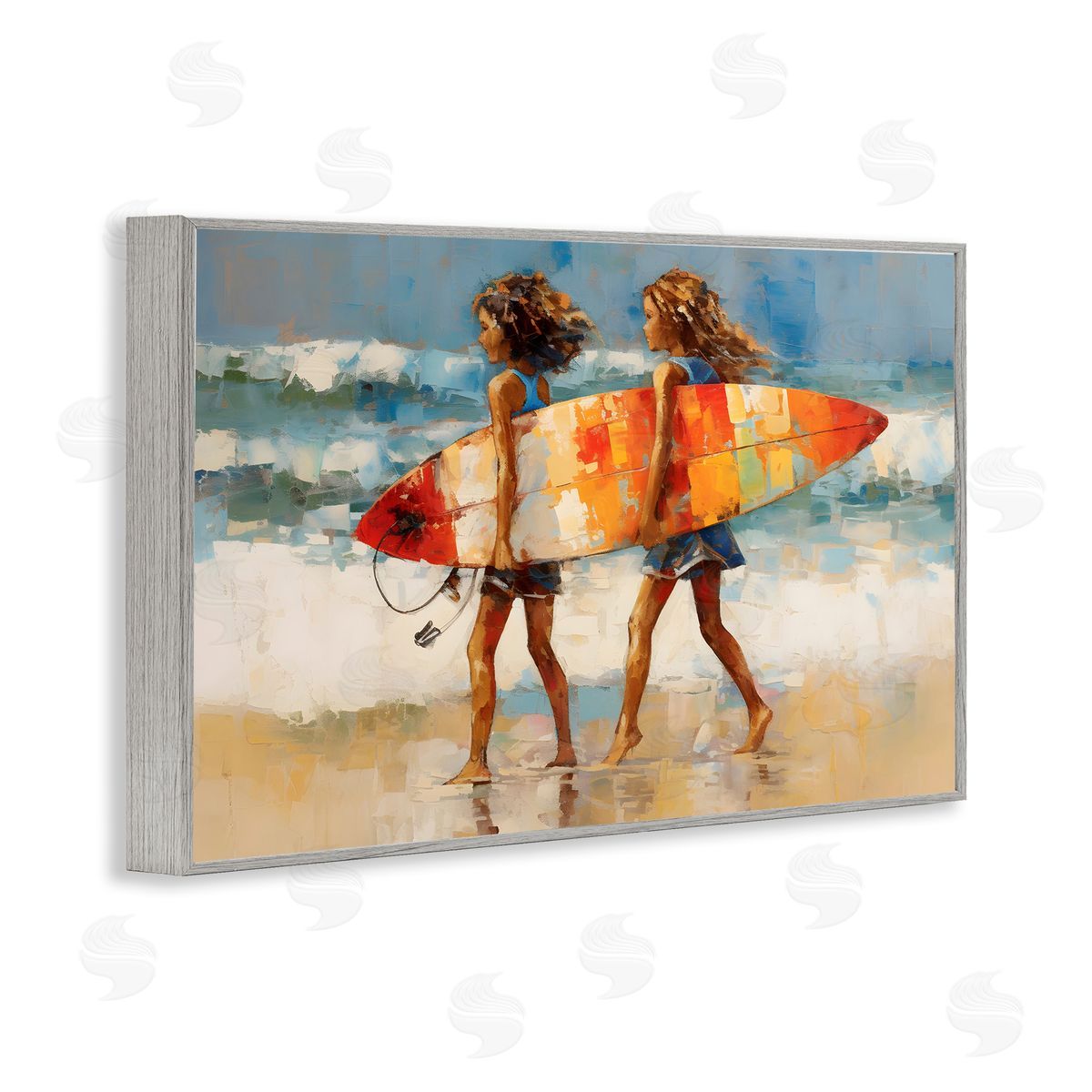 Surfboard Kids Friends Grey Frame Print Wall Art, Home Decor by Petal Prints Design