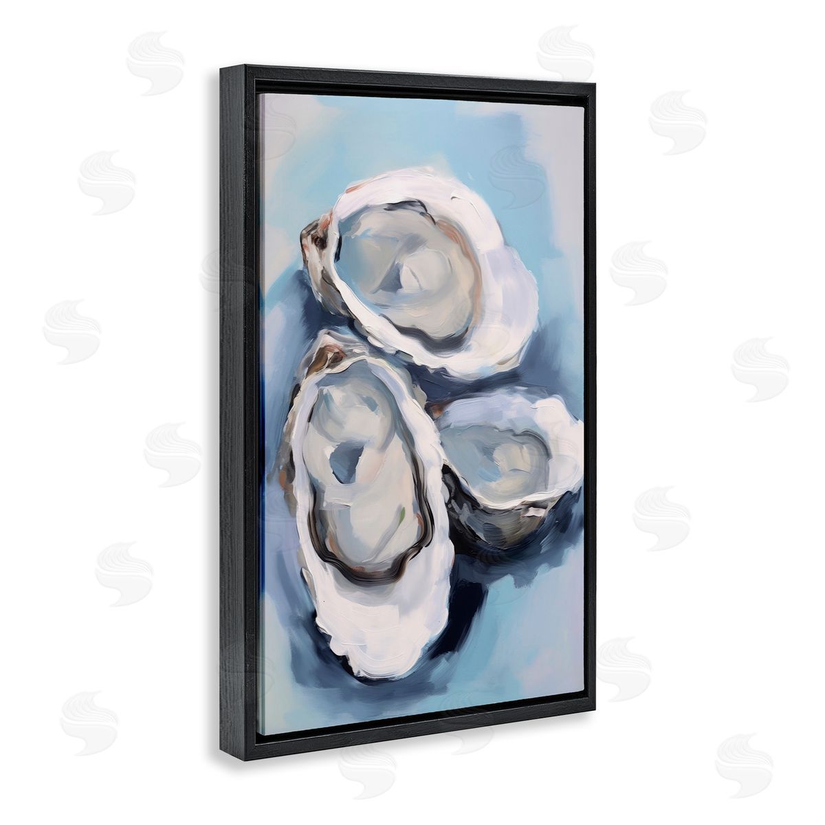 Three Oyster Seashells Black Floating Frame Canvas Wall Art, Home Decor by Petal Prints Design