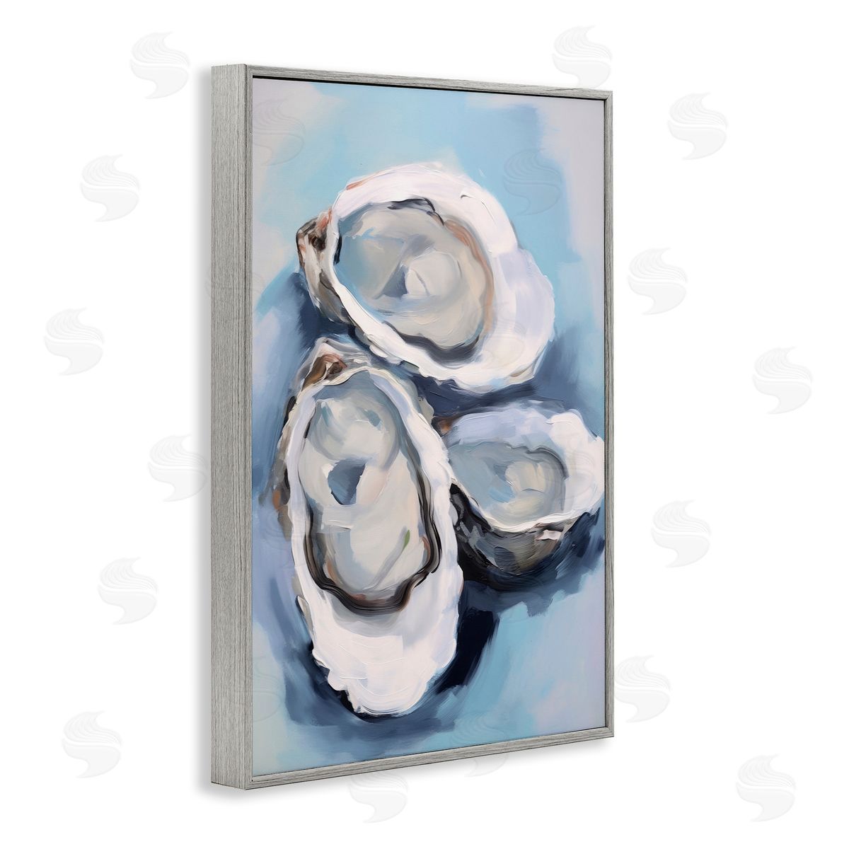 Three Oyster Seashells Grey Frame Print Wall Art, Home Decor by Petal Prints Design