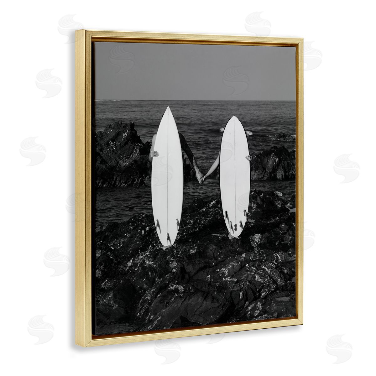 Romantic Surfer Couple Gold Floating Frame Canvas Wall Art, Home Decor by Stupell Studio