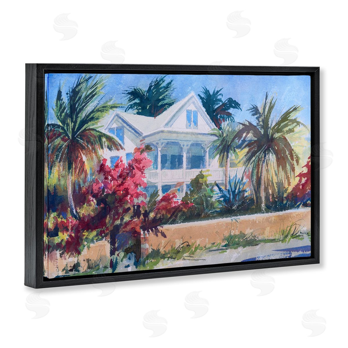 Palm Tree Cottage Black Floating Frame Canvas Wall Art, Home Decor by Richard A. Rodgers