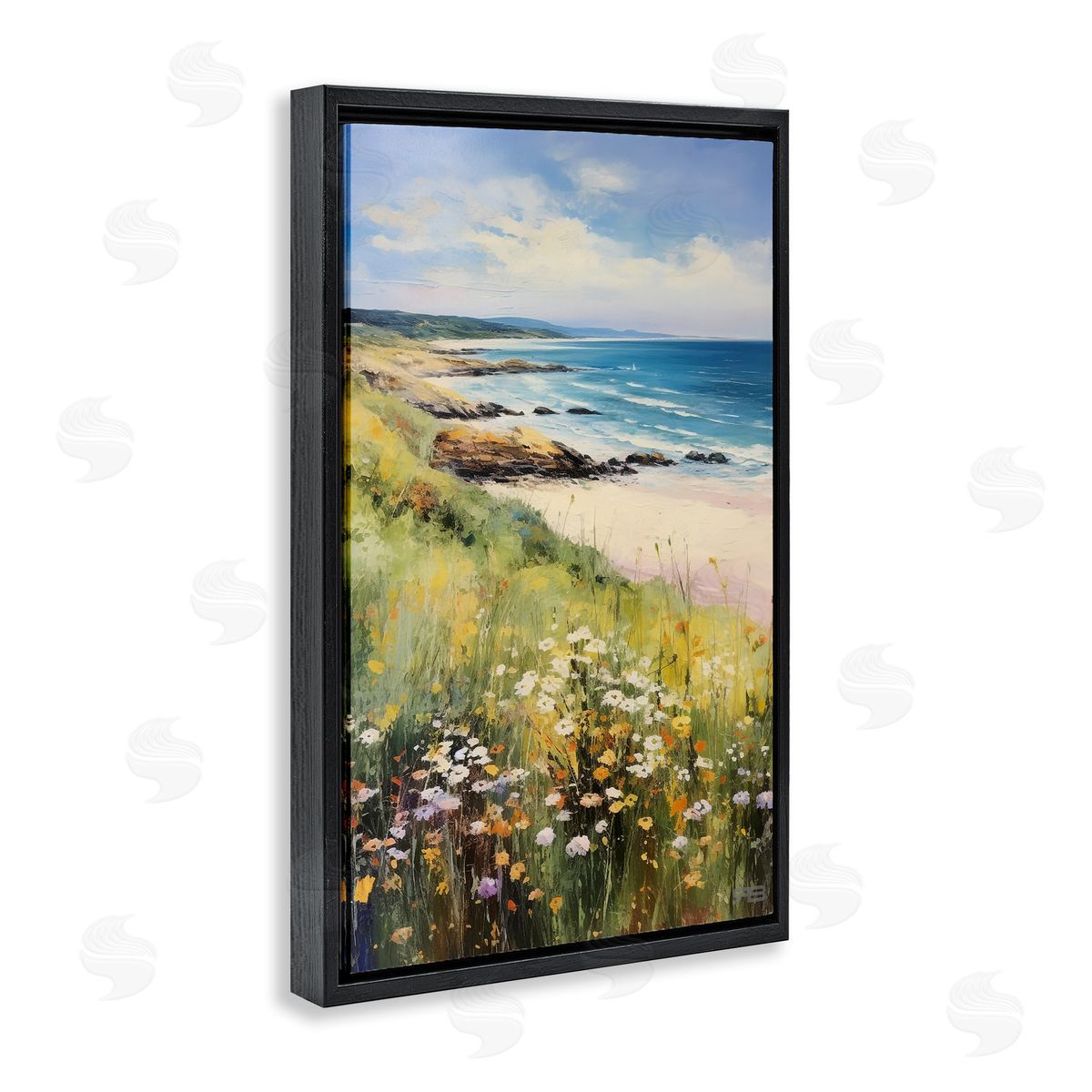 Meadow Beside Beach Black Floating Frame Canvas Wall Art, Home Decor by Roozbeh Bahramali