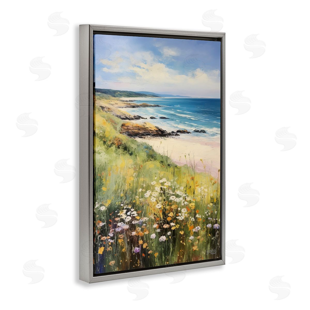 Meadow Beside Beach Grey Floating Frame Canvas Wall Art, Home Decor by Roozbeh Bahramali
