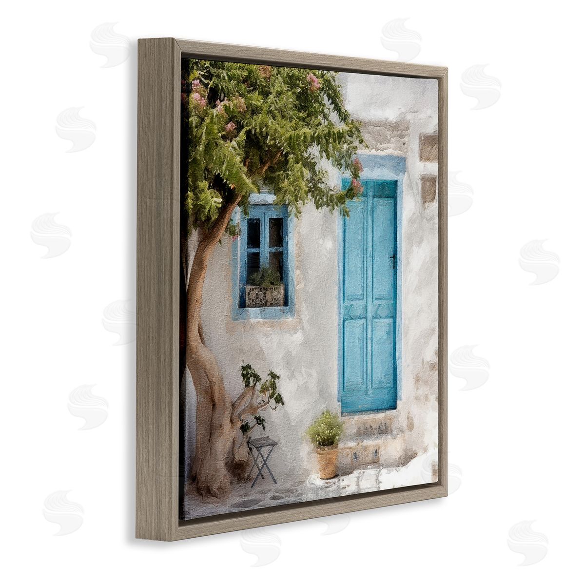Blue Door and Tree Brown Floating Frame Canvas Wall Art, Home Decor by RileyB