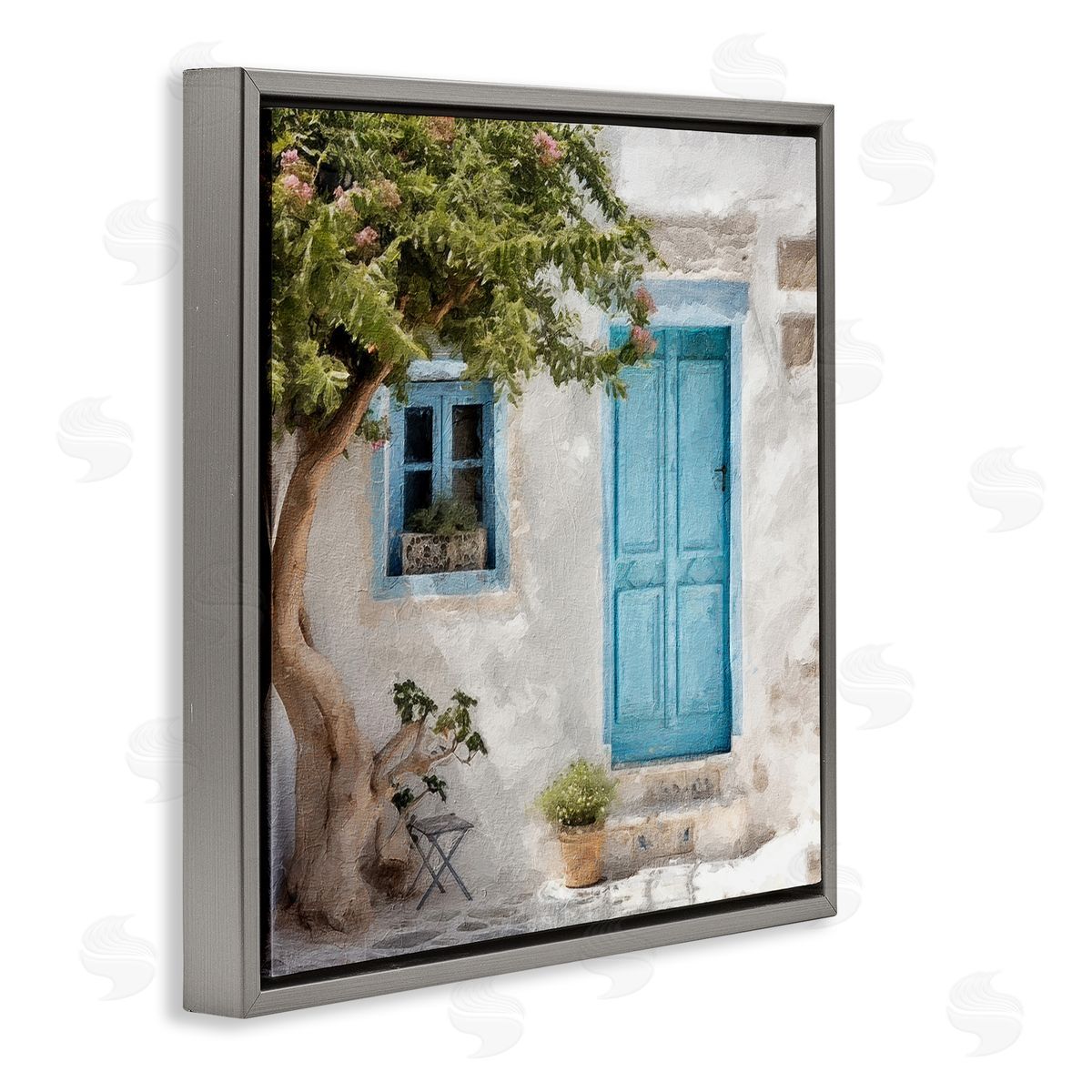 Blue Door and Tree Grey Floating Frame Canvas Wall Art, Home Decor by RileyB