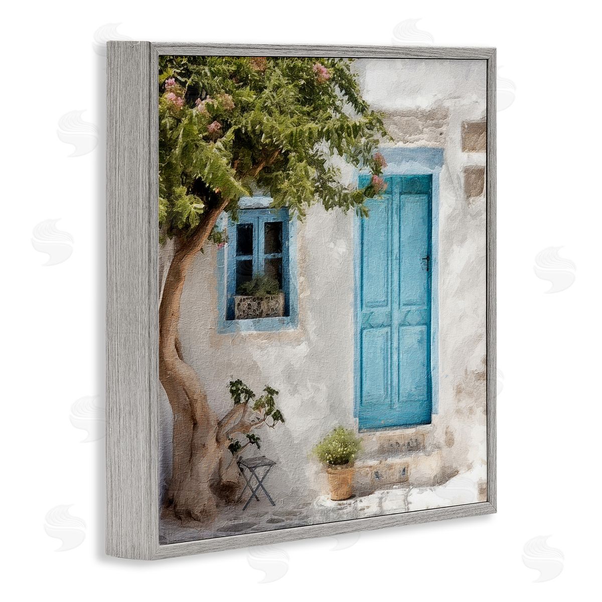 Blue Door and Tree Grey Frame Print Wall Art, Home Decor by RileyB