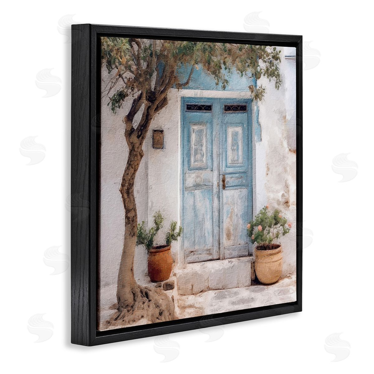 Tree and Blue Doorway Black Floating Frame Canvas Wall Art, Home Decor by RileyB