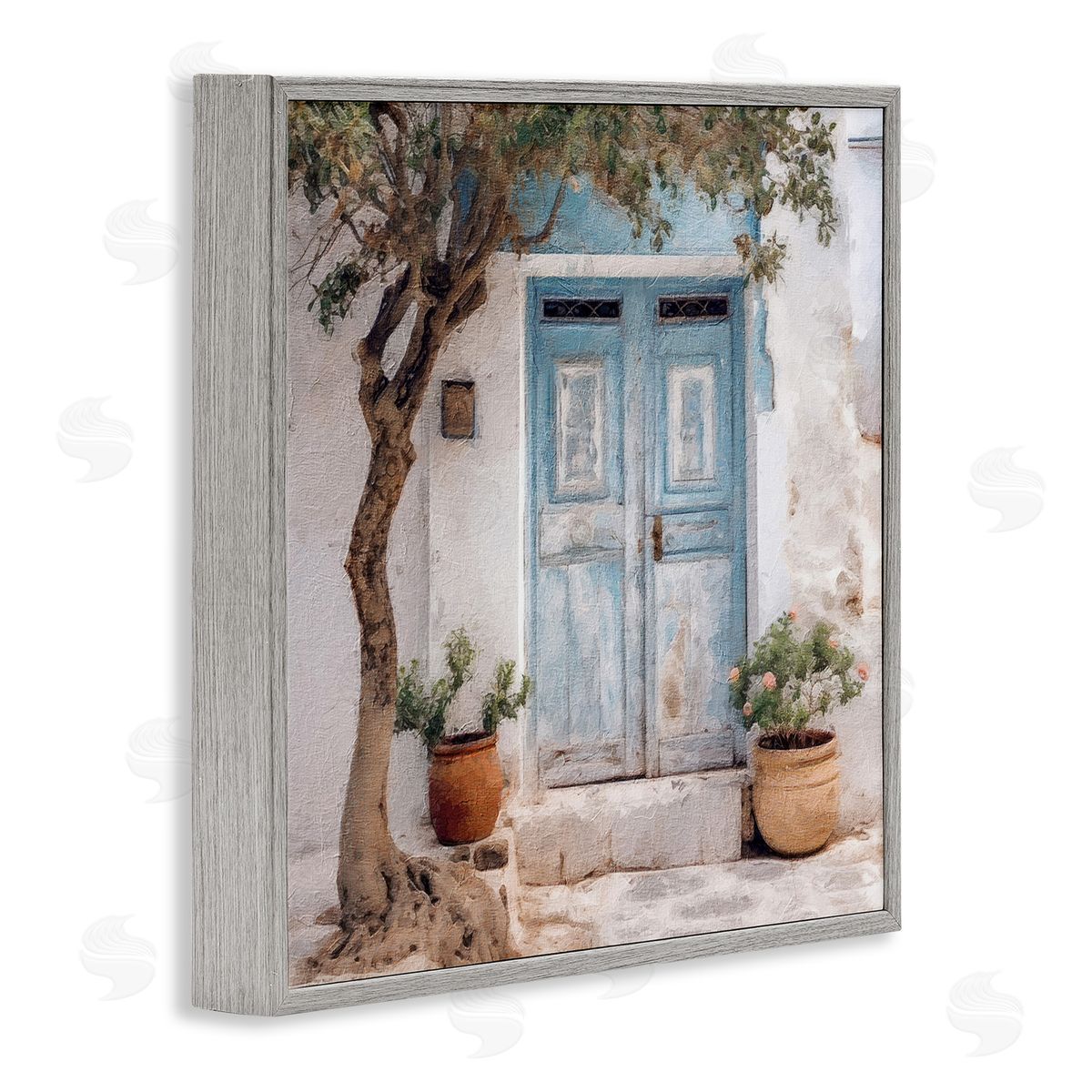 Tree and Blue Doorway Grey Frame Print Wall Art, Home Decor by RileyB