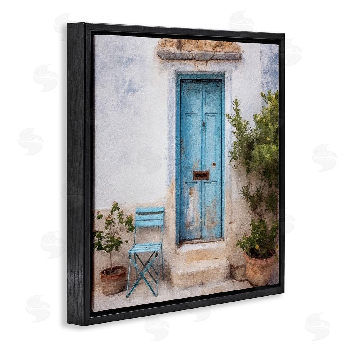 Blue Town Doorway Black Floating Frame Canvas Wall Art, Home Decor by RileyB