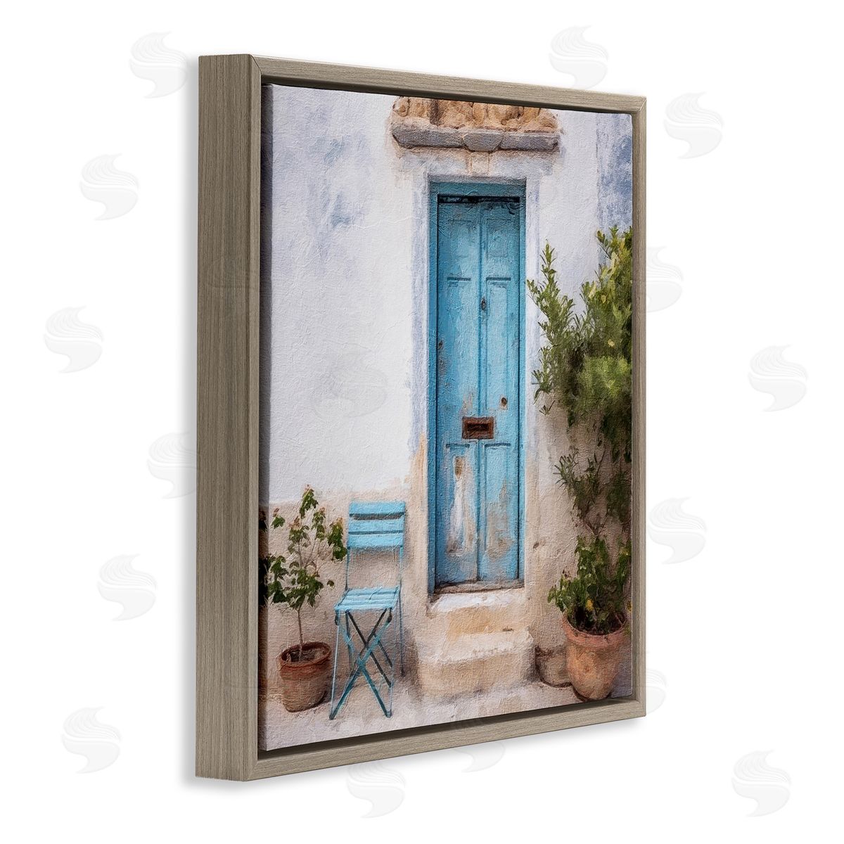 Blue Town Doorway Brown Floating Frame Canvas Wall Art, Home Decor by RileyB