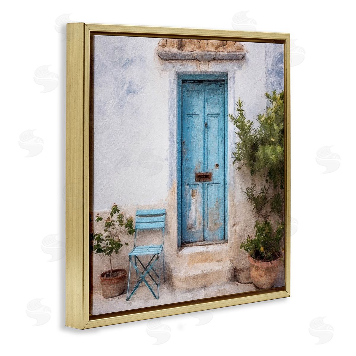 Blue Town Doorway Gold Floating Frame Canvas Wall Art, Home Decor by RileyB