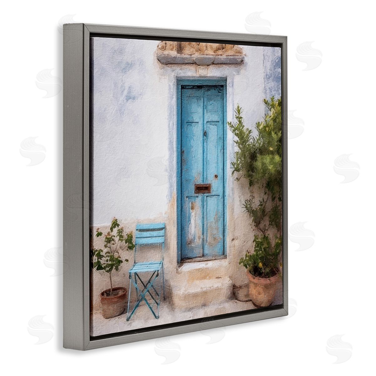 Blue Town Doorway Grey Floating Frame Canvas Wall Art, Home Decor by RileyB