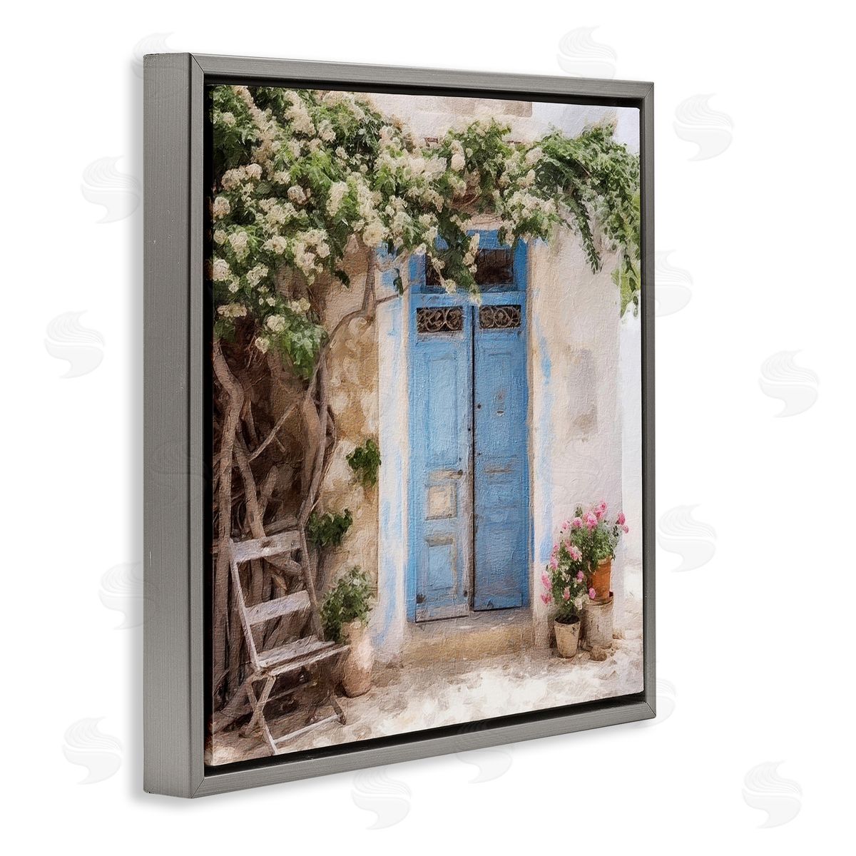 Greek Doorway with Tree Grey Floating Frame Canvas Wall Art, Home Decor by RileyB