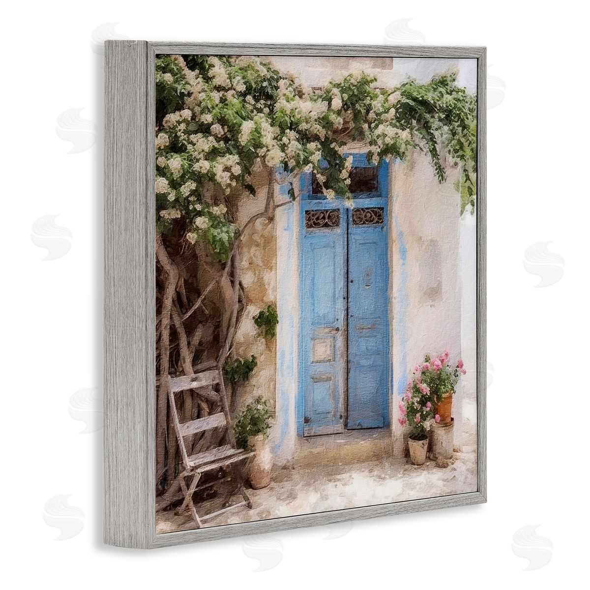 Greek Doorway with Tree Grey Frame Print Wall Art, Home Decor by RileyB