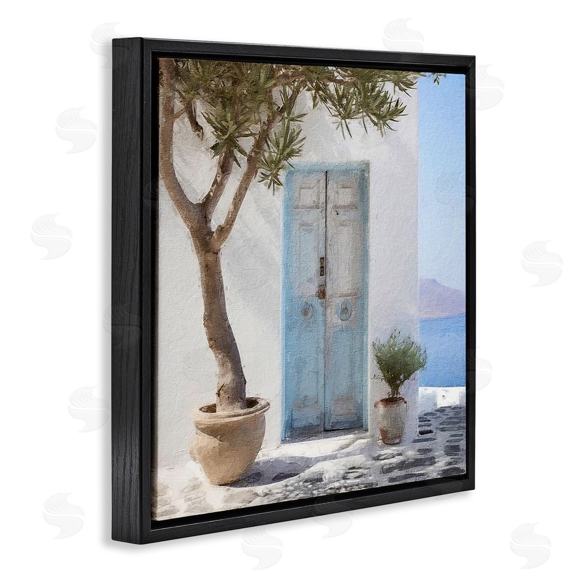 Coastal Greek Door Black Floating Frame Canvas Wall Art, Home Decor by RileyB