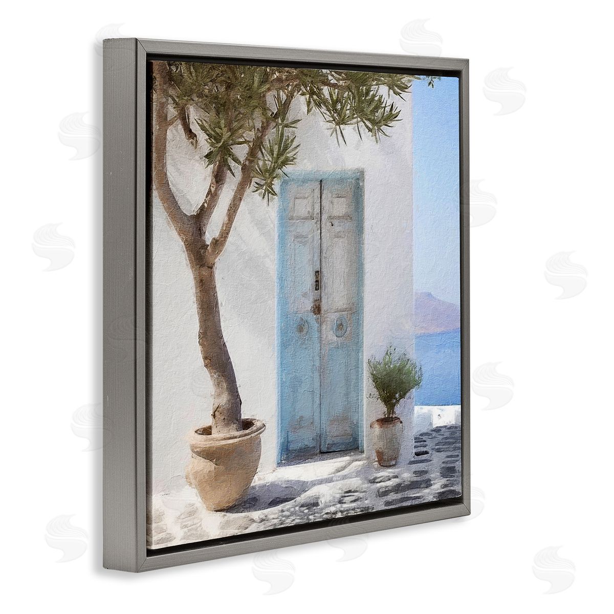 Coastal Greek Door Grey Floating Frame Canvas Wall Art, Home Decor by RileyB