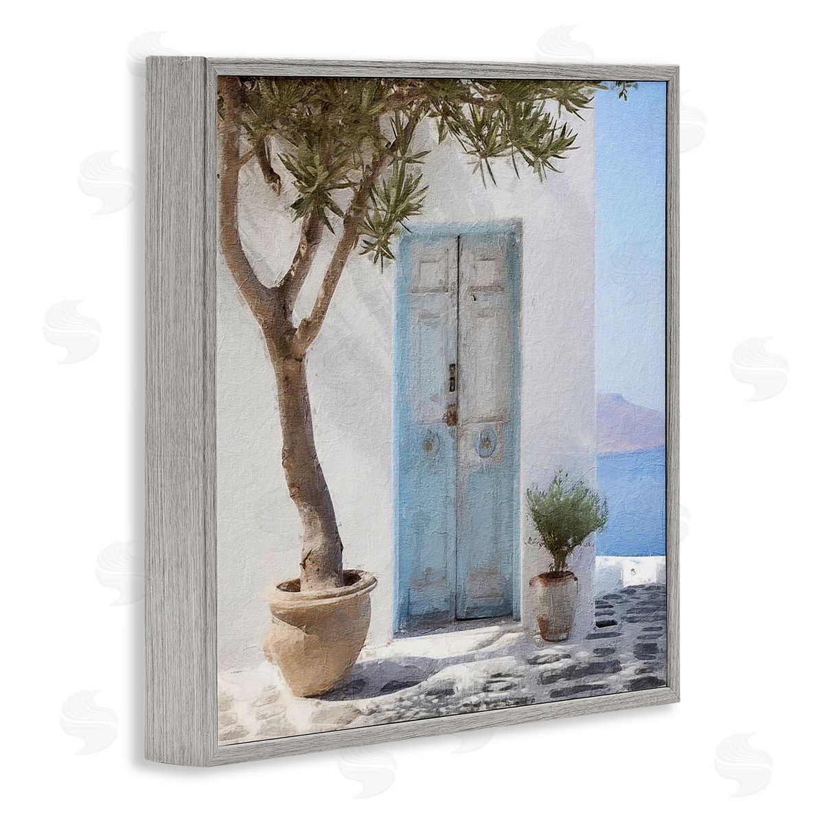 Coastal Greek Door Grey Frame Print Wall Art, Home Decor by RileyB