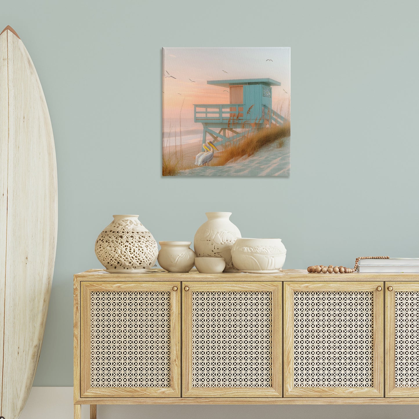 Coastal Charm Beach Hut Canvas Wall Art in Room, Home Decor by Steve Hunziker