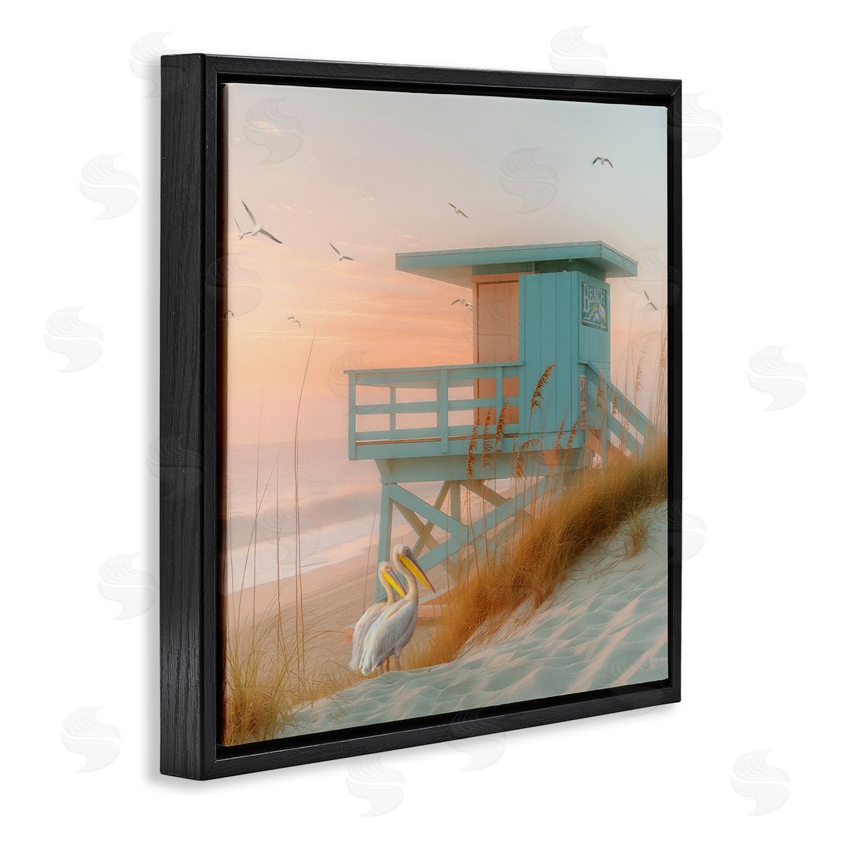 Coastal Charm Beach Hut Black Floating Frame Canvas Wall Art, Home Decor by Steve Hunziker