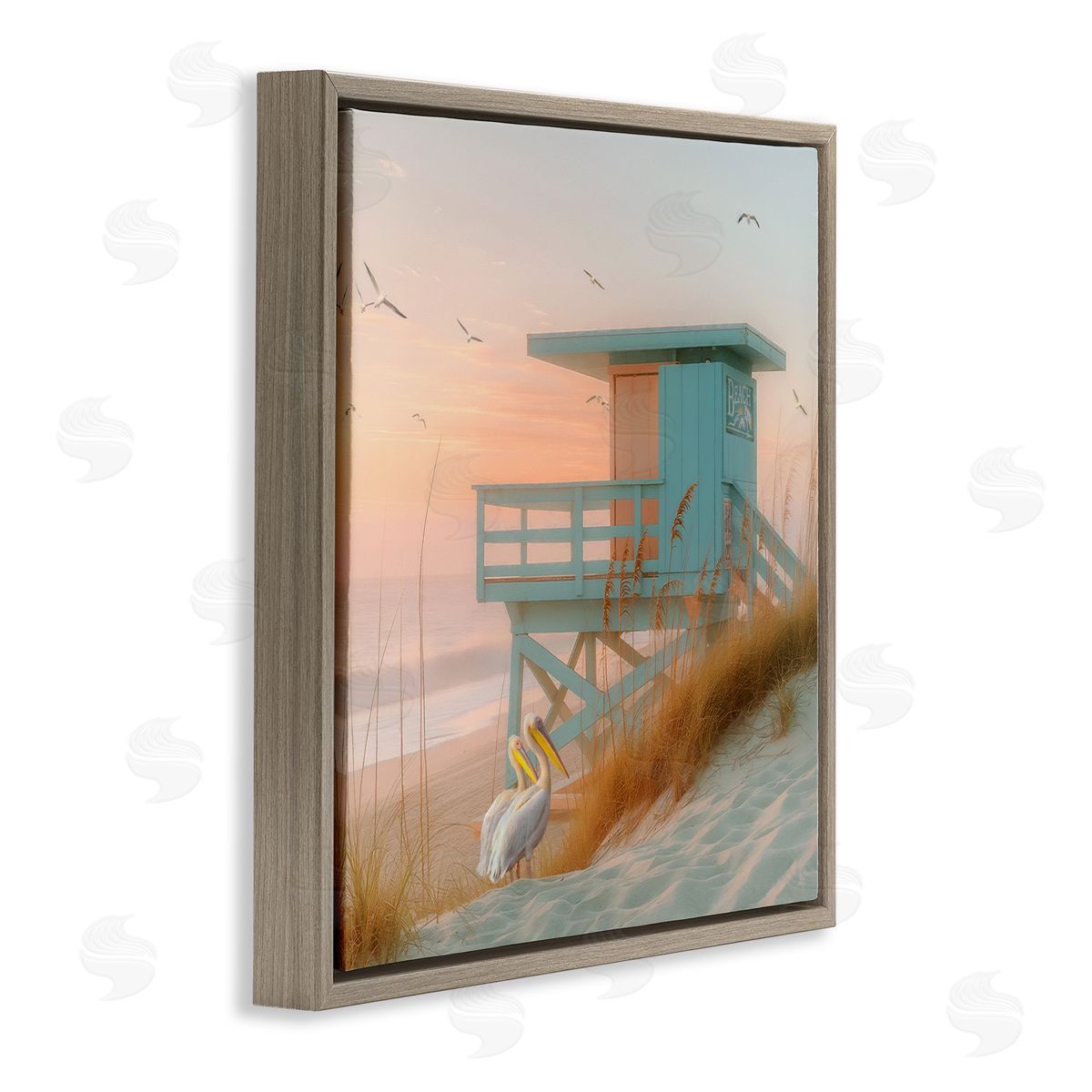 Coastal Charm Beach Hut Brown Floating Frame Canvas Wall Art, Home Decor by Steve Hunziker