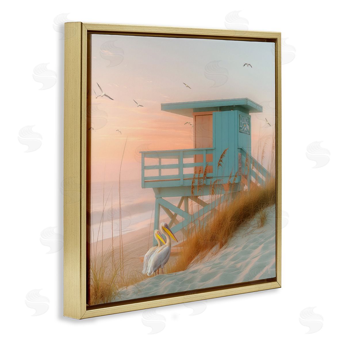 Coastal Charm Beach Hut Gold Floating Frame Canvas Wall Art, Home Decor by Steve Hunziker