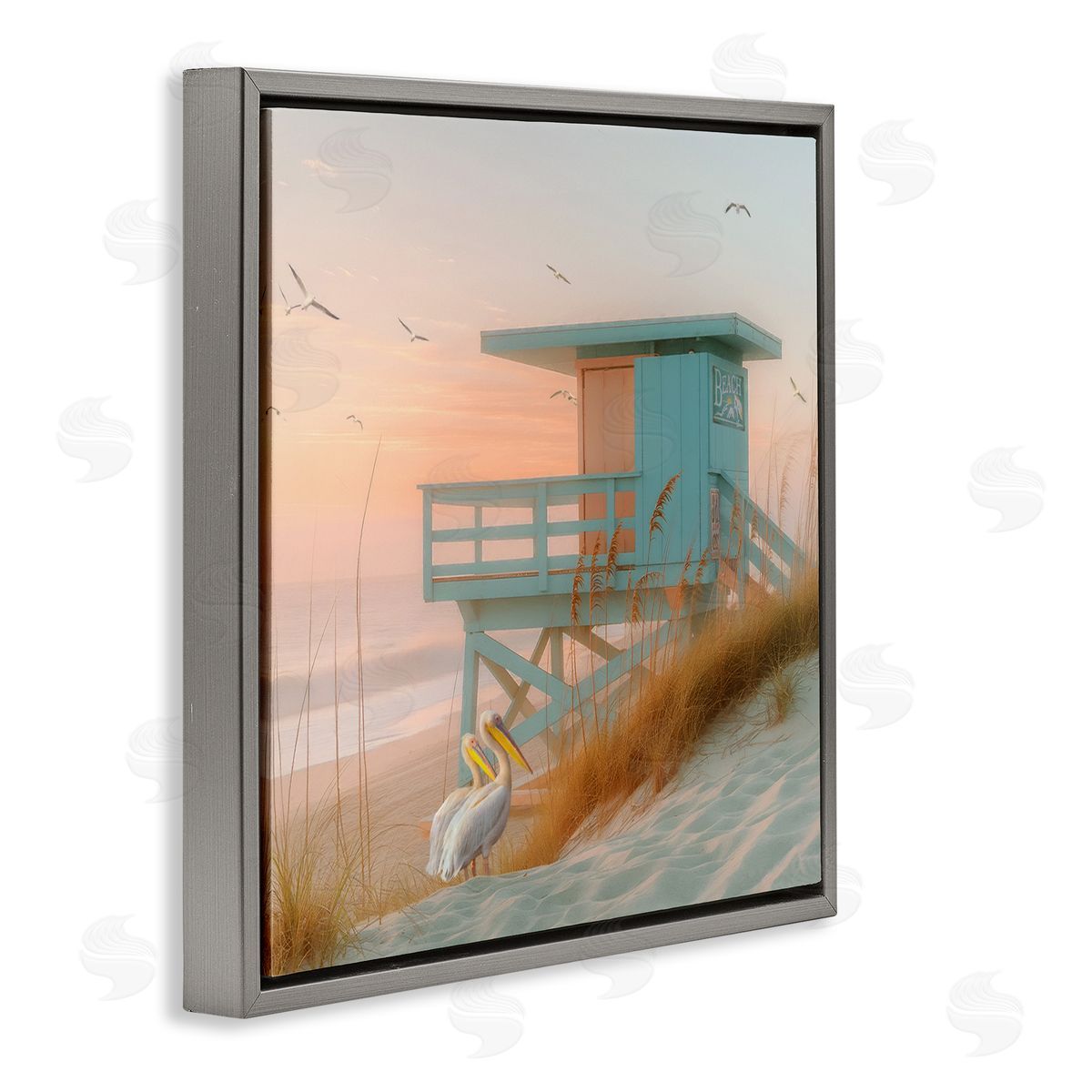 Coastal Charm Beach Hut Grey Floating Frame Canvas Wall Art, Home Decor by Steve Hunziker