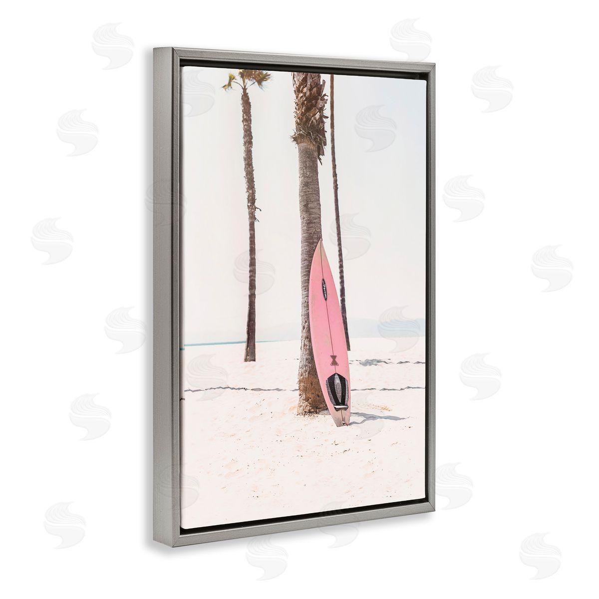 Pink Surf Board Grey Floating Frame Canvas Wall Art, Home Decor by Sisi and Seb