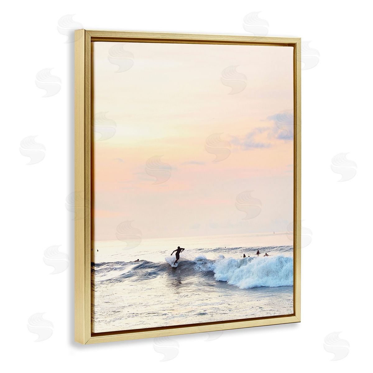 Sunset Surfer Landscape Gold Floating Frame Canvas Wall Art, Home Decor by Sisi and Seb